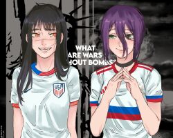  2girls :d adidas black_hair blunt_bangs breasts chainsaw_man choker cross_scar dessins_ness english_text explosion green_eyes hair_between_eyes hands_up highres long_sidelocks looking_at_another looking_to_the_side medium_breasts monochrome_background multiple_girls nike_(company) orange_eyes purple_hair reze_(chainsaw_man) ringed_eyes russia scar scar_on_cheek scar_on_face scar_on_nose shirt sidelocks sideways_glance small_breasts smile soccer_uniform sportswear statue_of_liberty steepled_fingers t-shirt united_states united_states_men's_national_soccer_team_uniform upper_body yoru_(chainsaw_man) 