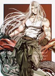  1boy alternate_costume arm_tattoo bare_shoulders belt black_gloves black_pantyhose border brown_belt cargo_pants closed_mouth clothes_around_waist cowboy_shot final_fantasy final_fantasy_vii gloves hair_between_eyes highres jacket jacket_around_waist light_smile long_hair looking_at_viewer male_focus monsterbf1ilove motor_vehicle motorcycle muscular pants pantyhose parted_bangs red_background sephiroth snake_tattoo solo tank_top tattoo twintails white_border white_hair white_tank_top 