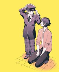  2girls absurdres blue_hair borrowed_clothes child collared_shirt doujima_nanako hat highres multiple_girls necktie newsboy_cap oversized_clothes oversized_shirt ovvoi persona persona_4 reverse_trap shirogane_naoto shirt short_hair simple_background smile tomboy yellow_background 