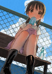  1girl absurdres black_boots blue_sky boots brown_eyes brown_hair child chushui_(izumi617) clouds commentary cumulonimbus_cloud dress food from_below highres holding holding_food holding_ice_cream ice_cream looking_at_viewer mountain ocean on_bench original outdoors pink_dress pink_ribbon popsicle ramune ribbon rubber_boots shirt sitting sky sleeveless sleeveless_dress solo spaghetti_strap summer sweatdrop twintails white_shirt wire_fence 