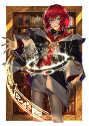  1girl ange_katrina ange_katrina_(1st_costume) ange_katrina_(summer_casual) black_coat bookshelf cardigan casting_spell chibi coat collared_dress commentary_request contrast_collar cropped_legs dress gold_border hair_between_eyes hair_intakes hair_ornament hairclip hand_up highres inui_toko inui_toko_(summer_casual) lize_helesta lize_helesta_(summer_casual) long_sleeves looking_at_viewer magic medium_hair nijisanji off_shoulder open_mouth outside_border partial_commentary pirapirapirapira red_cardigan red_hair sanbaka_(nijisanji) sebastian_piyodore short_dress smile solo triangle_hair_ornament violet_eyes virtual_youtuber white_dress 