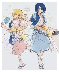  1boy 1girl athrun_zala blonde_hair blue_hair cagalli_yula_athha fireworks green_eyes gundam gundam_seed hand_fan highres holding holding_fan holding_hands holding_lantern japanese_clothes kimono lantern lantern_festival looking_at_viewer one_eye_closed shiro_kunugi sketch white_background yellow_eyes 