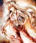  1girl bad_id bow fujiwara_no_mokou hair_bow hair_ribbon jan_(artist) jan_(lightdragoon) long_hair ofuda pants red_eyes ribbon shirt silver_hair solo suspenders touhou tress_ribbon very_long_hair 