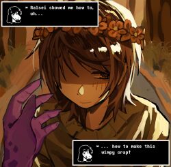 1girl 1other aaaceyy averting_eyes blush brown_eyes brown_hair commentary deltarune english_commentary english_text flower flower_wreath furry furry_female furry_with_non-furry green_sweater head_wreath highres interspecies kris_(deltarune) one_eye_in_shadow other_with_female outdoors pov pov_hands short_hair susie_(deltarune) sweater swept_bangs utdr_(toby_fox) video_game_dialogue_box yellow_flower 