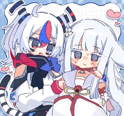  2girls :d :t @_@ ahoge black_tail blue_background blue_eyes blue_streaks blunt_bangs cheek_poking cherry_blossoms chibi chibi_only choker clothing_cutout colored_eyelashes commentary facial_mark facing_viewer floating_headgear furrowed_brow ganbaritaina_07 halftone halftone_background hand_on_another's_arm hands_up headgear heart heterochromia high_collar highres hime_cut hood hooded_jacket jacket japan_(ppfjvdjudk54073) kokkimusume long_hair long_sleeves looking_at_viewer multicolored_hair multiple_girls neck_flower nervous_sweating obi open_mouth poking pout puffy_sleeves red_choker red_eyes red_streaks ribbon sailor_collar sash shoulder_cutout sidelocks sleeve_cuffs smile south_korea_(ppfjvdjudk54073) streaked_hair striped_tail sweat sweatdrop tail teasing twintails two-tone_background two-tone_tail upper_body white_background white_eyelashes white_hair white_jacket white_tail wide_sleeves yellow_ribbon yin_yang 