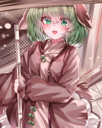  1girl :d absurdres animal_ears bamboo_broom blush breasts broom brown_dress commentary_request dog_ears dog_girl dog_tail dress fang green_eyes green_hair hair_between_eyes highres holding holding_broom kasodani_kyouko long_sleeves looking_at_viewer medium_hair open_mouth signature small_breasts smile solo tail top-exerou touhou 