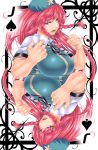  1girl blue_eyes braid breasts card card_(medium) clenched_hand female fighting_stance hat highres hong_meiling large_breasts long_hair looking_at_viewer open_mouth playing_card redhead solo spades_(playing_card) star touhou twin_braids upper_body yoiti 