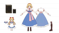  1girl a-pose alice_margatroid blonde_hair blue_dress book boots bow bowtie brown_boots closed_mouth doll doll_joints dress from_behind full_body game_asset grimoire grimoire_of_alice hairband hirano_katsuyuki holding holding_book joints lace-up_boots long_hair looking_at_viewer multiple_views non-web_source official_art pink_bow pink_bowtie pink_sash pointing_out_the_details puffy_short_sleeves puffy_sleeves red_hairband sash self-datamine shanghai_doll short_sleeves smile touhou touhou_spell_carnival waist_sash wrist_cuffs 