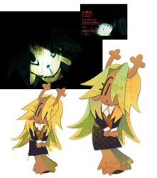  1girl :3 antlers black_skirt blonde_hair deltarune eyelashes hatsune_miku highres horns morschiffon noelle_holiday okaasan_(vocaloid) parody red_nose reference_inset reindeer_antlers reindeer_girl simple_background skirt style_parody utdr_(toby_fox) vest vocaloid white_background 