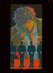  ayabe_kazuya black_jacket black_pants clone collared_shirt facial_hair formal_clothes hands_on_own_back highres jacket judge_eyes kuroiwa_mitsuru looking_at_another mature_male multiple_boys ohprcr pants ryuu_ga_gotoku_(series) shirt standing stubble suit white_shirt 