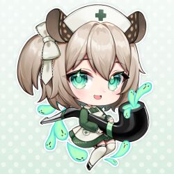  1girl animal_ears apron beescuit brown_hair chibi dress green_dress green_eyes hair_between_eyes hat indie_virtual_youtuber looking_at_viewer nimi_nightmare nimi_nightmare_(1st_costume) nurse nurse_cap smoking_pipe solo tapir_ears tapir_girl thigh-highs virtual_youtuber white_apron white_thighhighs 