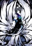  1girl animal_ears aqua_eyes dress expressionless fox_ears fox_tail full_body grey_hair highres kusakanmuri layered_dress looking_at_viewer looking_to_the_side monochrome multiple_tails short_hair short_over_long_sleeves solo spot_color tabard tail touhou yakumo_ran 
