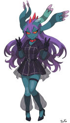  absurdres colored_sclera commentary flutter_mane high_heels highres hood hoodie horns long_hair miniskirt monster_girl pokemon pokemon_(creature) purple_hair red_horns red_sclera skirt v yellow_eyes 