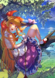  1girl absurdres black_shoes blue_sky bow brown_horns chain dappled_sunlight day hair_bow highres horn_ornament horn_ribbon horns ibuki_suika in_tree long_hair looking_at_viewer on_tree oni open_mouth orange_eyes orange_hair outdoors pointy_ears purple_skirt red_bow revision ribbon ribbon-trimmed_skirt ribbon_trim shirt shoes sitting sitting_in_tree skirt sky smile socks solo sunlight touhou tree very_long_hair white_shirt white_socks zzzinka_kas 