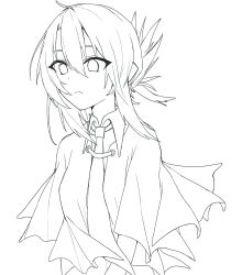  1girl absurdres ahoge blush capelet closed_mouth collared_shirt commentary_request dress_shirt eyes_visible_through_hair folded_ponytail frown hair_between_eyes highres lineart looking_ahead medium_hair monochrome necktie school_uniform shirt sidelocks simple_background sketch solo split_mouth subarashiki_hibi tachibana_kimika thank_u_eroge upper_body white_background 