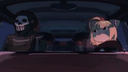  1boy 1girl :3 ahoge animal_ears balaclava black_eyes black_helmet black_shirt black_vest blonde_hair body_armor call_of_duty call_of_duty:_modern_warfare_2 car car_interior cat_ears closed_mouth crossover driving east-west_crossover ghost_(modern_warfare_2) helmet looking_at_another motor_vehicle neco-arc neco_spirit night non-web_source shiga_96 shirt skull_print smile tsukihime upper_body vest white_shirt 
