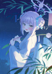  1girl absurdres alternate_costume alternate_hairstyle blue_archive blue_bow blue_halo blush bow commentary_request double_bun feathered_wings gradient_halo hair_bow hair_bun halo highres holding japanese_clothes kimono looking_at_viewer low_wings mika_(blue_archive) multicolored_halo natsumeg night obi open_mouth outdoors pink_hair pink_halo pink_nails sash sky smile solo star_(sky) starry_sky sweatdrop tanabata tanzaku upper_body white_kimono white_wings wings yellow_eyes 