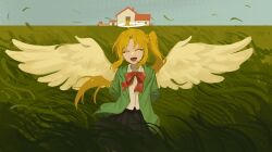  1girl :d ahoge angel angel_wings black_skirt blonde_hair bocchi_the_rock! bow bowtie chinese_commentary closed_eyes collared_shirt commentary_request facing_viewer feathered_wings grass green_jacket halo highres house ijichi_nijika jacket long_hair long_sleeves open_mouth outdoors pleated_skirt red_bow red_bowtie shirt side_ponytail skirt sky smile solo tall_grass traditional_halo white_shirt white_wings wind wings yaoyuetwo 