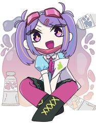  1girl between_legs blonde_streaks blue_streaks chibi chibi_only fang hand_between_own_legs heaven_burns_red highres ishii_iroha looking_at_viewer mask mouth_mask multicolored_hair necktie open_mouth pink_eyes pink_necktie pink_thighhighs purple_hair skirt streaked_hair thigh-highs ude13s99o unworn_mask 