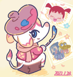  2boys 3girls alfonso_(animal_crossing) alligator animal_crossing beret blue_eyes cat crocodilian elephant hat holding holding_paintbrush kopa_nishikida looking_at_viewer looking_back margie_(animal_crossing) multiple_boys multiple_girls ninja paint_on_clothes paintbrush rosie_(animal_crossing) signature simple_background sitting villager_(animal_crossing) yellow_background 