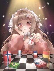  1girl 2026_fifa_world_cup absurdres american_flag animal_ear_hairband animal_ears argentinian_flag bare_shoulders belgian_flag board_game brazilian_flag brown_hair chess commentary dress english_commentary english_flag essie_(vtuber) fake_animal_ears french_flag grin hairband hand_on_own_face highres indie_virtual_youtuber long_hair long_sleeves neck_ribbon norwegian_flag pink_dress playing_chess popcornflakes red_eyes ribbon smile solo very_long_hair white_headdress white_ribbon world_cup 