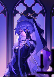 1girl arknights black_dress black_gloves breasts commentary_request dress flower gloves half_gloves hand_over_eye highres keyring large_breasts long_hair nun official_alternate_costume one_eye_covered purple_flower purple_hair solo stained_glass veins violet_eyes whisperain_(arknights) whisperain_(priory_of_abyss)_(arknights) window yan-jiu 