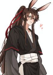  1boy absurdres ahoge animal_ears arrrds07 bishounen black_hanfu blush brown_eyes brown_hair chinese_clothes closed_mouth collarbone commentary grandmaster_of_demonic_cultivation hair_between_eyes hair_ribbon hanfu heart highres kemonomimi_mode long_hair long_sleeves looking_at_viewer male_focus ponytail rabbit_boy rabbit_ears rabbit_tail red_ribbon ribbon robe sash sidelocks simple_background smile solo tail untranslatable_commentary upper_body very_long_hair wei_wuxian white_background white_sash wide_sleeves 