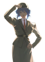  1girl absurdres adjusting_clothes adjusting_headwear aizheajsee blue_hair commentary ghost_in_the_shell green_jacket green_skirt hand_on_own_hip highres jacket kusanagi_motoko looking_at_viewer military_uniform necktie pencil_skirt red_eyes red_nails red_necktie shirt skirt smile solo the_ghost_in_the_shell_(2026) white_shirt 