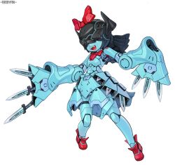  1girl :d aqua_(deltarune) aqua_theme armor artist_name bow breastplate breasts collar commentary covered_eyes deltarune english_commentary fake_horns fang faulds helmet horned_helmet horns knife lordyanyu mechanical_arms mechanical_legs mechanization red_bow red_collar red_shoes robot_girl shoes sleeves_past_fingers sleeves_past_wrists small_breasts smile solo too_many too_many_knives utdr_(toby_fox) 