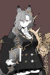  1girl animal_ear_fluff animal_ears arknights armor ascot book brown_background chinese_commentary closed_mouth coat commentary_request cowboy_shot dress earrings frilled_dress frills gauntlets gold_armor hair_behind_ear hair_between_eyes hair_over_shoulder highres holding holding_book jewelry long_hair long_sleeves looking_at_viewer mole mole_on_forehead off_shoulder orange_eyes partial_commentary partially_colored penance_(arknights) piaoliu_ping_ping_ping_pingzi shirt simple_background single_gauntlet solo spiked_armor spikes standing thigh-highs 