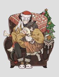  255ten 3girls absurdres arknights armchair black_pants blanket blonde_hair brown_hair chair chinese_commentary christmas christmas_tree closed_eyes closed_mouth commentary_request demon_horns dragon_girl dragon_horns dragon_tail feather_hair full_body glasses grey_background grey_hair hat highres horns ifrit_(arknights) long_hair long_sleeves multiple_girls nose_bubble on_chair orange_skirt pants santa_hat saria_(arknights) short_hair silence_(arknights) sitting skirt sleeping sleeping_upright slippers smile socks star_(symbol) tail white_socks winged_arms wings 