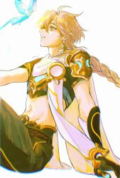  1boy aeferjam aether_(genshin_impact) ahoge arm_armor armor belt black_gloves black_pants black_shirt blonde_hair blue_butterfly braid brown_belt bug butterfly chromatic_aberration cowboy_shot crystalfly_(genshin_impact) earrings english_commentary from_side genshin_impact gloves gold_trim hair_between_eyes highres jewelry long_hair looking_up low-braided_long_hair low-tied_long_hair male_focus midriff navel pants scarf shirt short_sleeves shoulder_armor simple_background single_braid single_earring sitting smile solo star_(symbol) teeth white_background white_scarf yellow_eyes 