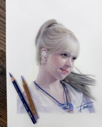  1.m.fine 1girl aegyo_sal blonde_hair colored_pencil colored_pencil_(medium) commentary_request earpiece east_asian hair_behind_ear highres k-pop korean_commentary lily_(nmixx) long_hair looking_ahead making-of_available nmixx pencil photo_(medium) portrait real_life realistic red_lips shirt signature smile solo traditional_media white_background white_shirt 