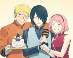  1girl 2boys arm_around_neck bandaged_hand bandages black_gloves boruto:_naruto_next_generations boruto_(series) bracelet breasts cake character_doll closed_eyes doll facial_mark fingerless_gloves food forehead_mark gloves grey_vest grin hair_over_one_eye hairband haruno_sakura hatake_kakashi highres holding holding_cake holding_food husband_and_wife jacket jewelry jungeoljungeol medium_breasts multiple_boys naruto_(series) orange_jacket red_hairband short_hair smile team_7_(naruto) uchiha_sasuke uzumaki_naruto vest whisker_markings 