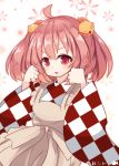  1girl ahoge apron artist_name bell beni_shake checkered hair_bell hair_ornament japanese_clothes motoori_kosuzu pink_hair red_eyes short_hair smile solo touhou twintails wide_sleeves 