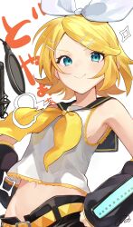  1girl absurdres belt black_sailor_collar black_shorts blonde_hair blue_eyes bow breasts commentary_request detached_sleeves hair_bow hair_ornament hairclip highres inubangarou kagamine_rin looking_at_viewer microphone navel neckerchief parallel_hairclips proud sailor_collar shirt shorts simple_background sleeveless sleeveless_shirt small_breasts smile studio_microphone treble_clef vocaloid white_background white_bow white_shirt yellow_belt yellow_neckerchief yellow_trim 