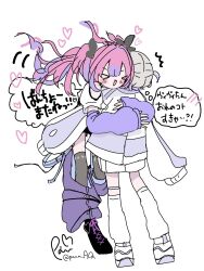  >_< 2girls black_ribbon black_shoes black_thighhighs blush brown_hair commentary_request hair_ribbon highres hololive hololive_dev_is jacket kikirara_vivi long_hair long_sleeves multicolored_hair multiple_girls open_mouth pants paum_aq pink_hair purple_hair purple_jacket purple_pants ribbon shirt shoes simple_background sleeves_past_wrists smile speech_bubble thigh-highs thighs thought_bubble todoroki_hajime translation_request twintails twitter_username two-tone_hair virtual_youtuber white_background white_jacket white_shirt white_shoes white_thighhighs 