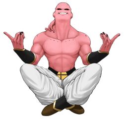  1boy 2026_fifa_world_cup artrextino black_nails black_sclera colored_sclera colored_skin commentary dragon_ball dragon_ball_z erling_haaland fingernails full_body fusion grin hands_up highres low_ponytail majin_buu male_focus muscular muscular_male norwegian_flag_print pants pink_skin ponytail red_eyes shaka_sign simple_background sitting smile solo super_buu tentacle_hair topless_male untranslatable_commentary white_background white_pants world_cup 