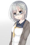  1girl bespectacled blue_eyes breasts cardigan collarbone glasses gradient gradient_background hair_ornament hair_over_one_eye hairclip hamakaze_(kantai_collection) highres kantai_collection ma-a necktie open_mouth school_uniform serafuku short_hair silver_hair solo upper_body 