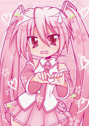  1girl 2000s_(style) absurdres alternate_hair_color artist_name blush cherry cherry_blossoms cherry_hair_ornament chu-chuns cosplay embarrassed food food-themed_hair_ornament fruit hair_ornament hatsune_miku heart heart_hands highres hiiragi_kagami lucky_star necktie pink_background pink_eyes pink_hair pink_necktie pink_skirt pink_sleeves pink_theme sakura_miku sakura_miku_(cosplay) skirt solo twintails vocaloid 