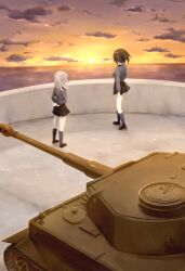  2girls arms_behind_back back black_skirt brown_hair clenched_hands commentary_request full_body girls_und_panzer grey_hair grey_shirt itsumi_erika kuromorimine_school_uniform long_hair long_sleeves military_vehicle motor_vehicle multiple_girls nishizumi_maho pleated_skirt school_uniform shirt short_hair skirt sunset tank tiger_i viscount_shishamo 