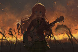  absurdres backlighting bang_dream! bang_dream!_it's_mygo!!!!! blazer blue_eyes blurry blurry_foreground burning chihaya_anon chinese_commentary collared_shirt commentary_request cowboy_shot embers field fiery_background fire grass green_skirt grey_jacket guitar haneoka_school_uniform highres holding holding_guitar holding_instrument instrument jacket long_hair long_sleeves necktie open_mouth outdoors pink_hair playing_guitar playing_instrument pleated_skirt school_uniform shirt skirt smoke standing striped_clothes striped_necktie white_shirt winter_uniform yaoyuetwo 