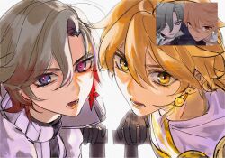  2boys aeferjam aether_(genshin_impact) ahoge armor backlighting black_gloves blonde_hair braid derivative_work earrings english_commentary fur-trimmed_jacket fur_trim genshin_impact gloves gradient_hair grey_hair hair_between_eyes hand_up highres holding illuga_(genshin_impact) jacket jewelry lips long_hair looking_at_viewer low-braided_long_hair low-tied_long_hair male_focus mole mole_under_eye multicolored_hair multiple_boys open_clothes open_jacket open_mouth purple_hair red_hair red_pupils scarf screenshot_redraw short_hair shoulder_armor simple_background single_braid single_earring streaked_hair sweater teeth tongue turtleneck turtleneck_sweater two-tone_hair violet_eyes white_background white_scarf white_sweater yellow_eyes 