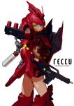  1girl armor beam_rifle blonde_hair blue_eyes char&#039;s_counterattack energy_gun funnels gundam helmet mecha_musume reccu sazabi shield short_hair weapon 