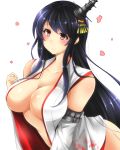  1girl bare_shoulders black_hair breasts detached_sleeves en_(paorasuteki) female fusou_(kantai_collection) headgear japanese_clothes kantai_collection large_breasts leaning_forward long_hair no_bra open_clothes red_eyes simple_background solo standing very_long_hair white_background 