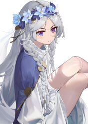  1girl absurdres blue_eyes blue_flower braid braid_over_shoulder chinese_commentary closed_mouth commentary_request doll_joints dress elden_ring elden_ring_nightreign feet_out_of_frame flower gradient_eyes grey_hair highres joints legs_together light_blush long_hair long_sleeves looking_at_viewer multicolored_eyes renleiwanyier revenant_(elden_ring) simple_background solo two-tone_eyes violet_eyes white_background white_dress 