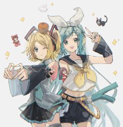  2girls alternate_hairstyle aqua_eyes aqua_hair aqua_nails aqua_necktie bare_shoulders belt black_sailor_collar black_shorts black_sleeves blonde_hair blue_eyes bow commentary_request cosplay detached_sleeves four-finger_heart_hands hair_bow hair_ornament hairclip hatsune_miku hatsune_miku_(cosplay) headphones headset heart heart_hands highres kagamine_rin kagamine_rin_(cosplay) linch long_hair megurine_luka meiko_(vocaloid) multiple_girls neckerchief necktie one_eye_closed open_mouth parallel_hairclips sailor_collar shirt short_hair short_twintails shorts simple_background sleeveless sleeveless_shirt spring_onion twintails v very_long_hair vocaloid white_background white_bow white_shirt yellow_belt yellow_nails yellow_neckerchief yellow_trim 