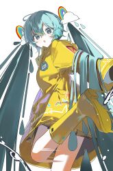  1girl absurdres adapted_hairstyle alternate_costume aqua_eyes aqua_hair boots cloud_hair_ornament coat foot_up_heel_up from_behind hair_between_eyes hair_ornament hatsune_miku highres long_hair looking_back motion_blur name_tag rain rainbow rainbow_hair_ornament raincoat rubber_boots simple_background sin_090 solo twintails very_long_hair vocaloid water_drop white_background yellow_boots yellow_coat 
