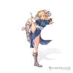  1girl bare_legs blonde_hair blue_dress boots bracelet brown_eyes china_dress chinese_clothes chun-li chun-li_(cosplay) copyright_name cosplay cross-laced_footwear djeeta_(granblue_fantasy) double_bun dress eyeshadow fighting_stance flexible full_body game_cg gita_(granblue_fantasy) granblue_fantasy high_collar jewelry lace-up_boots leg_up legs makeup minaba_hideo no_legwear official_art pelvic_curtain puffy_short_sleeves puffy_sleeves ribbon sash see-through short_hair short_sleeves side_slit simple_background smile solo spiked_bracelet spikes standing standing_on_one_leg street_fighter transparent_background white_background white_boots white_ribbon 