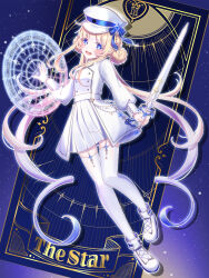  blonde_hair blue_eyes blue_gem blush call_of_cthulhu commentary_request double_bun gem godarca hair_bun hair_ornament hat highres holding holding_sword holding_weapon long_hair loveyou_lyrica magic_circle night open_mouth pleated_skirt shoes skirt sky smile star_(sky) starry_sky sword tarot the_star_(tarot) thigh-highs twintails weapon white_thighhighs 